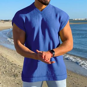 Tampo masculino Tops Moda solta tanques de nervuras sólidas Tampas de nervuras homens sem mangas vil de pescoço Camisole Spring Summer Mens Camisas de colete de lazer 230522