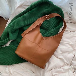 Evening Bags Large Capacity Casual Shopper Tote Simple Design Soft Leather Shoulder Bag Solid Vintage Fashion Ladies Big Handbags Brown