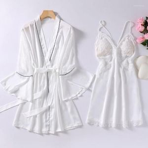 Women's Sleepwear Summer Women Kimono Bathrobe Gown Sexy Hollow Out Lace White Wedding Robe Set Soft Thin Faux Silk Nightgown Home Wear