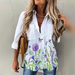 Camicette da donna Donna Estate Stampa Farfalle Stampa Monopetto Manica lunga Patch Pocket Cardigan Commute Orlo diviso Lunghezza media