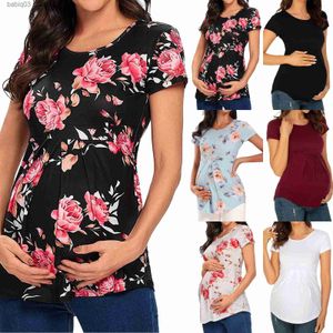 Umstands-Tops, T-Shirts, modisches Damen-Shirt, Umstandsmode, Blumenmuster, Still-Tops, Stillen, doppelschichtig, weiches Kurzarm-Top, Schwangerschaftskleidung, T230523