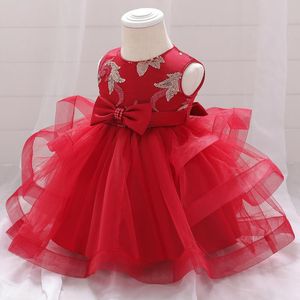 Dziewczyna sukienki Dziewczyna Czerwone 1 lata Urodziny sukienki dziecięce koronkowe koraliki Chrzest kwiatowy na ubrania Party Wedding Princess