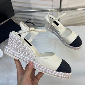 Womens Slingbacks Dress Shoes Hemp Rope Wedge Platform Heels Sandals Collable Collecle Buckle Wedding Shoe Ladies for Party Retro Black Quilted Texture Shoe