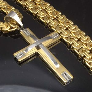 Necklaces 316L 24" Stainless Steel Byzantine Chain Knight Cross Necklace Male Christian Jewelry GoldColor Crucifix Mens Necklace Pendant