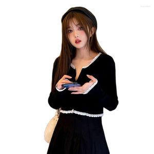 Malhas femininas cardigan mulheres pretas vintage cair magro de colaboração cortada malhas de malhas de malhas de jogo simples suéter feminino elegante e elegante