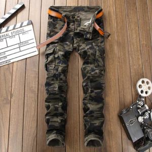 Men's 339 New Fashion Brand Military Style Tight Multi Pocket Camo Stitched Small Foot Jeans Casual Pants P230522