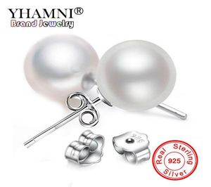 YHAMNI Have S925 Stamp 100 925 pendientes de tuerca de plata esterlina para mujer doble lado 8MM pendientes de perlas nueva joyería ED0298679659