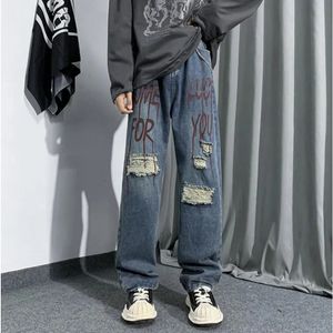 Men's Jeans Y2k Clothes High Street Hip Hop Washed Distressed Letter Printed Men Fashion Straight Leg Wide Leg Loose Couple Pants