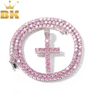 Halsband The Bling King Fashion 4mm Pink CZ Tennis Chain med Cross Pendant Halsband Full Iced Cubic Zirconia Women Hiphop Jewelry Gift