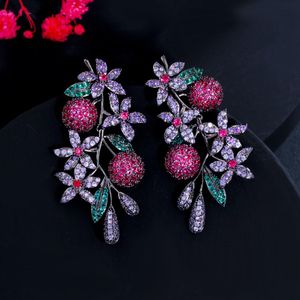 Knot CWWZircons Noble Luxury Multicolor Purple Red Cubic Zirconia Long Drop Leaf Earrings for Women Party Costume Jewelry CZ978