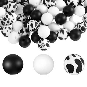 Rings 100 Pcs Silicone Beads 12Mm Silicone Cow Print Beads Round Loose Pearl Beads Silicone Beads For DIY Keychain Making