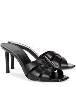 Lüks yaz siyah sandal haraç 85mm topuklu katırlar sandal çivili deri kare ayak parmağı orta topuk sandal slayt patent patent plaj flip flop 35-43 kutu