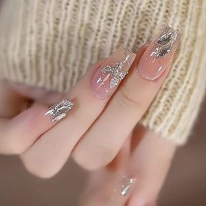 False Nails 24pcs Nail Tips Press On Detachable Full Cover Long French Ballerina Silver Butterfly Fake