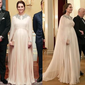 Kate Middleton Formal Evening Dresses Pregnant Woman Plus Size Chiffon Celebrity Party Gowns With Wrap Cape Sleeves Appliques Beaded Long Prom Dress High Waist