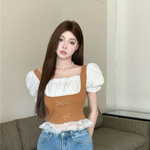 女性のレトロロイヤルスタイルパフショートスリーブスリムウエストレースパッチ付きTシャツフェイク2 PCSトップス