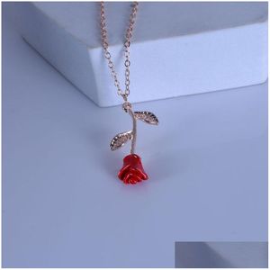 Anhänger Halsketten Romantische Rote Rose Halskette Designer Frauen Schmuck Valentinstag Geschenk für Freundin Party Dekoration Zubehör Dhrja