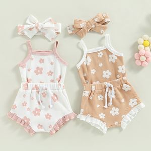 Kläder sätter sommar småbarn födda flickor kläder våffla blommor tryck ärmlösa bodysuitsruffes dragstring shortsheadband 230522