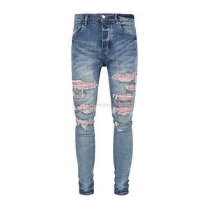 Designer Clothing Amires Jeans Denim Pants New Pink Diamond Amies High Street Fashion Brand Light Luxury Broken Hole Hot Diamond Wash Damaged Mens Womens Denim P WHBP