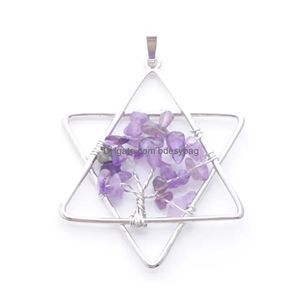 Pendant Necklaces 6 Colors Lot Tree Of Life Pendants Natural Chips Stone 7 Chakra Reiki Five Ppointed Star Metal Merkaba Jewelry Bn3 Dhp8F