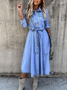 Casual Dresses Vintage Denim Mini Dress Women Lång ärm Slå ner krage -knappen bunden blyertspenna Kvinnlig vår sommar smal passform jeans