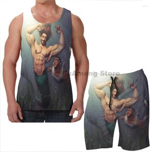 Men's Tracksuits Summer Funny Print Men Tank Tops Women The Big Merman Beach Shorts Sets Fitness Vest