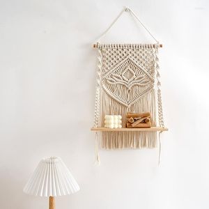 Tapisserier Nodisk vägg hängande förvaringshylla handvävd träd tapestry rack macrame dekor tasslar