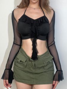 Koszulki damskie gorset Top halter streetwear 90S Folds Bolero Off Rame Coqutte Ubranie seksowne z siatki z rękawami T-shirt T-shirt Y2K