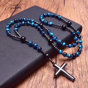 Colares Luz Azul Olho de Tigre Onyx Catoli Cristo Rosário Bead Colares Longos para Homens Hematita Cruz Pingente Colar Meditação Jóias