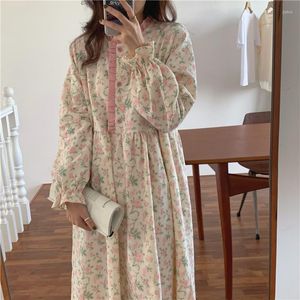 Lässige Kleider koreanische Blumen für Frauen Frühling Herbst Süße süße Single-Breasted-Kleid O-Neck lose Langarm Vestidos Drop