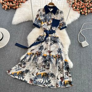 Summer French strapping waistband dress shows slimming denim patchwork lapel A-line dress with a high-end and elegant swing long skirt