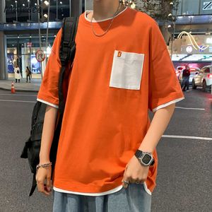 Camisetas masculinas de manga curta tshirts homens falsos duas peças bolsos de retalhos