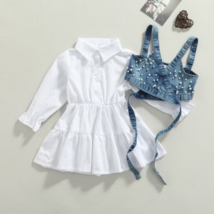 Clothing Sets Fashion Children Baby Girl Clothes Solid Color Long Sleeve Shirt Dress Denim Beading Vest 2Pcs Outfits 230523