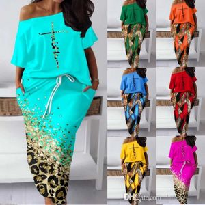 2023 Summer Printed Two Piece Dress Set Women Tracksuits Slash Neck Collar Short Sleeve Top Drawstring Sport Skirt Suit Plus Size 3xl 4xl 5xl Clothing Casual 2 PCS