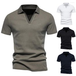 Polo da uomo T-shirt con risvolto traspirante Top estivo da uomo Pullover tinta unita Camicia con scollo a V Casual Abbigliamento maschile di media lunghezza