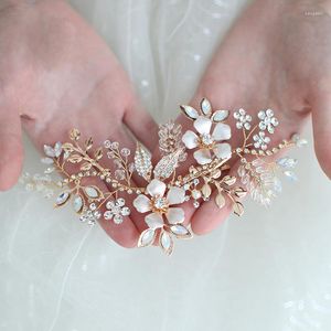 Fermagli per capelli fatti a mano color oro fiore copricapo da donna gioielli da sposa clip foglia strass pezzo da sposa