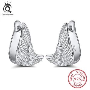 Huggie Orsa Jewels Rhodium Plated Sterling Silver Cubic Zirconia Guardian Angel Wings Medium Fashion Woman Silver HoopEarrings SE341