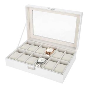 Lådor 12 GRID Watch Box Pu Leather Watch Case Holder Organizer Storage Box för Quartz Watches Smyckeslådor visar bästa presentvitlådan