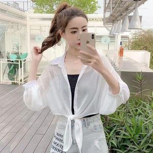 Frauenblusen Frauen 2023 Sommer Chiffon Transparente Sonnenbluse Weibliche beiläufige lose kurze Hemd Damen Solid Beach Cover Ups I41