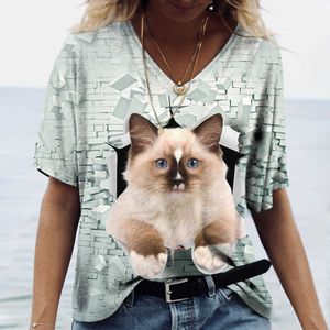T-shirt sommar mode komisk katt 3d tryck bomull kort ärm topp v-ringning harajuku casual kvinnokläder överdimensionerade t-shirt p230523