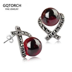 Orecchini con perno in vero argento sterling 925 per le donne Orecchini con perla naturale in argento sterling con granato rosso intarsiato e marcasite naturale