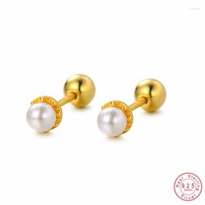 Stud Earrings Genuine 925 Sterling Silver Geometric Round Shell Pearls For Women Girl Korean Cute Simple Jewelry Accessories