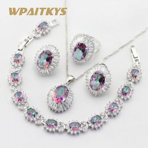 Set Silver Color Brud Smyckesuppsättningar för kvinnor Multicolor Rainbow Crystal Necklace Pendant Armelets örhängen Ringar gratis presentförpackning