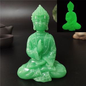 Decorative Objects Figurines Glowing Meditation Buddha Statue Man-made Jade Stone Ornament Thai Figurines Luminous Home Garden Decoration 230523