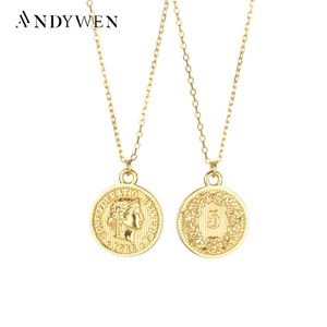 Halsband Andywen 925 Sterling Silver Gold Coins Pendant Queen Long Chain Halsband 2021 Fashion Fine Jewelry Gift Women Styels Spring