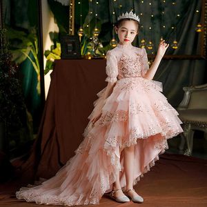 Abiti da ragazza 2-14T Elegante Flower Girl Trail Wedding Tutu di alta qualità per bambini Mermaid Pink Lace Applique Abito lungo G220523