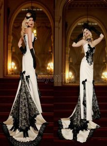ヴィンテージゴシック様式の黒と白のウェディングドレス安い恋人マーメイドレースアップサテンボウビクトリアブライダルガウンカスタムメイド4899073