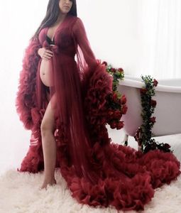 Burgundy yemyeşil tül bornoz annelik elbisesi uzun kabarık kollar fırfırlı gelin elbiseler po çekim veya bebek duşu 3748931