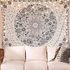 Wandteppiche, Bohemian-Wandteppich, Wandbehang, Schwarz-Weiß-Gänseblümchen-Druck, Schlafzimmer, abstrakte Boho-Heimdekoration