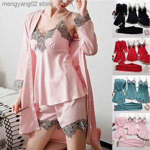 Women's Sleepwear Womens 5PCS Silk Robe Sleep Suit Lace Satin Pajamas Gown Set V-Neck Cami Nighties Wear Pijama Home Nightwear Spring Nightdress T230523