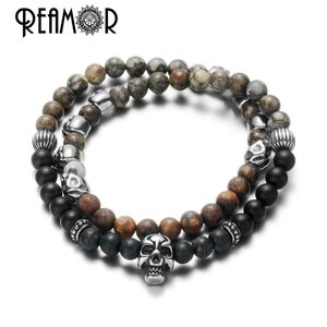 Bangle Reamor Punk Men Jewelry Natural Stone Ręcznie robiona bransoletka z koralikami stalowa czaszka czaszka wielowarstwowa stretch bransoletki Prezent